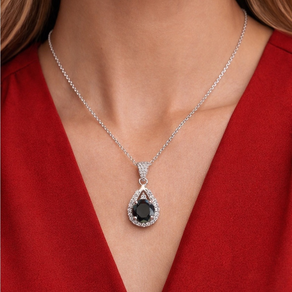 Elegant 3ct Moissanite Black Pendant on 16inch (+2’) white gold plated Necklace - Picture 1 of 3